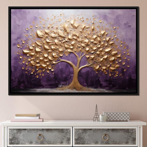 Golden Lisse Tree Celebration Elegant Home Decor Purple Wall Art Nature Inspired Tree Painting Artistic Living Room By Nichecanvas
