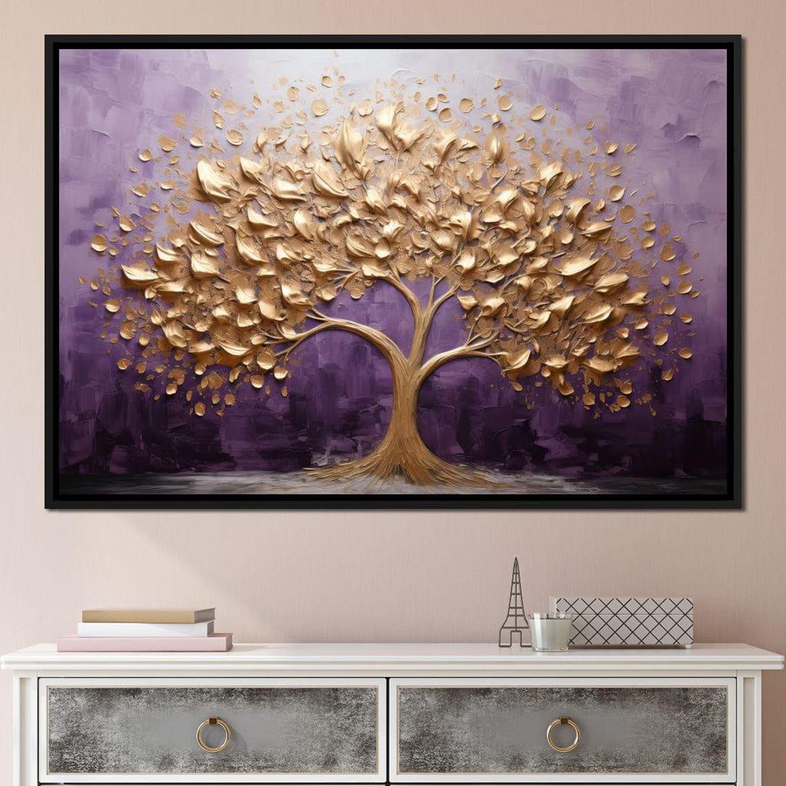 Golden Tree Purple Twilight Blooming Leaves Abstract Wall Art Poster