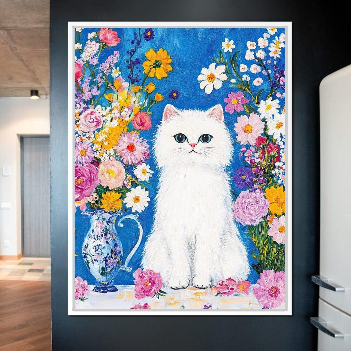 White Fluffy Cat Floral Vase Bouquet Blue Framed Whimsical Wall Art - Image 4
