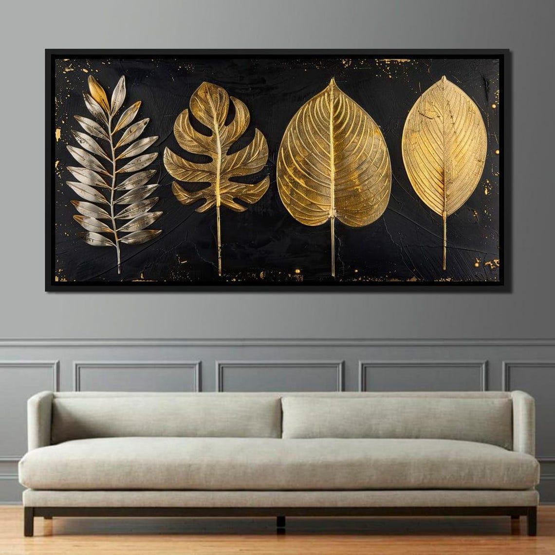 Gold Leaves Black Background Elegant Botanical Luxe Modern Wall Art - Image 3