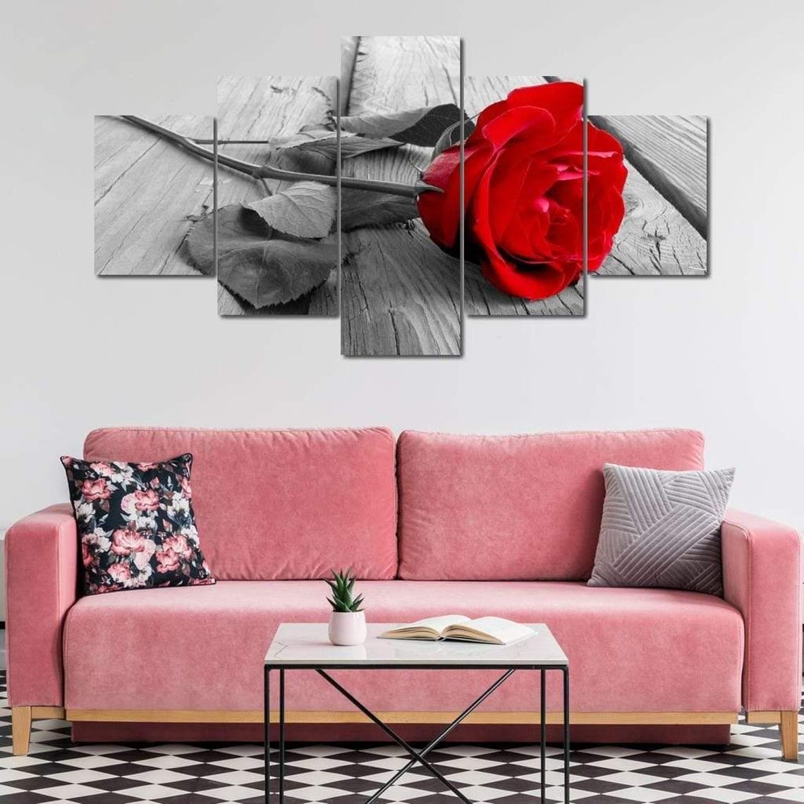 Single Red Rose Black White Rustic Wood Selective Color Art Poster - Image 4