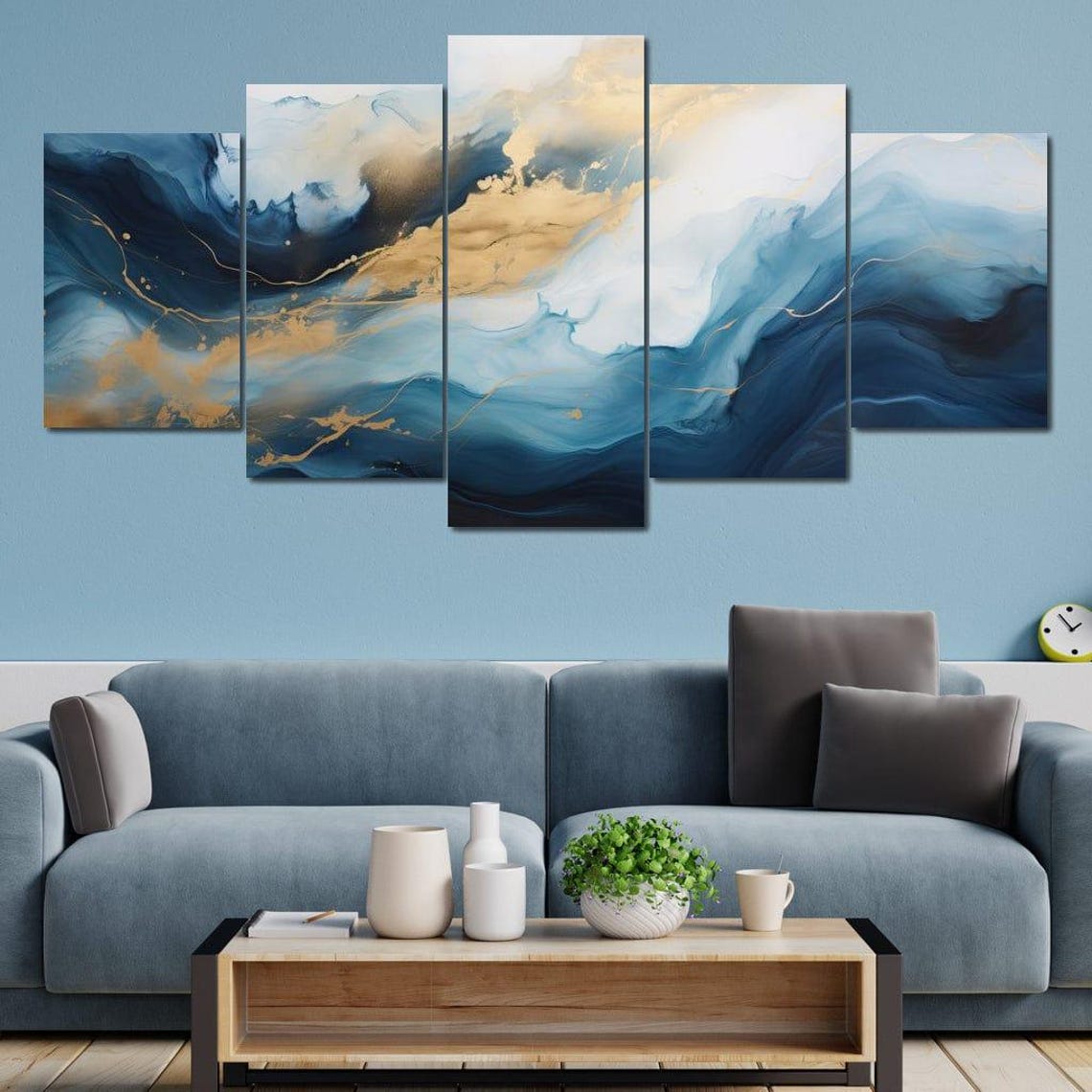 Blue Gold Fluid Marble Wave Five Panel Coastal Abstract Wall Art - Image 4