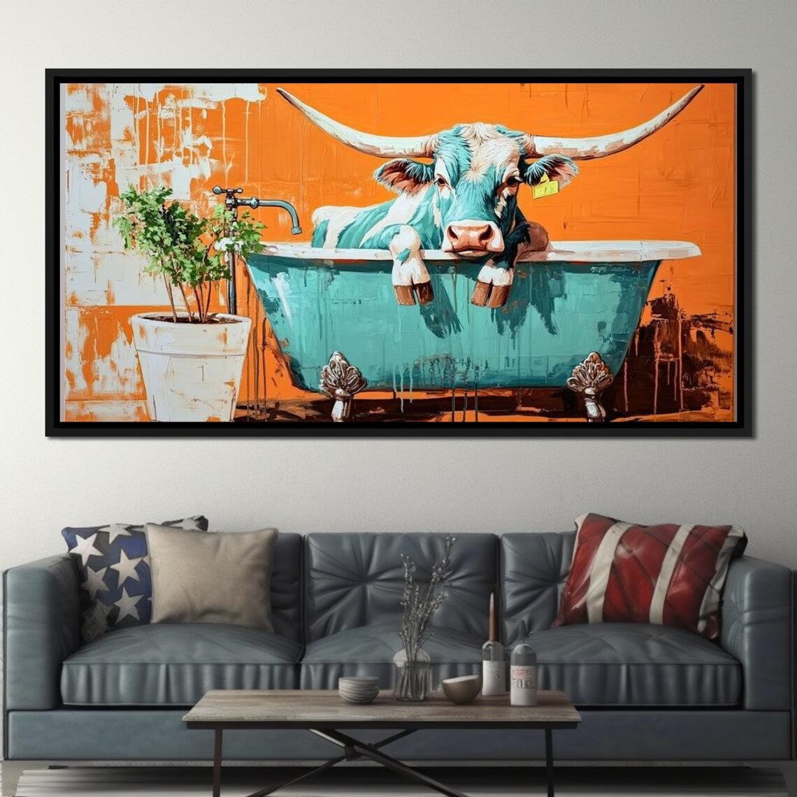 Funny Longhorn in Bathtub Teal Orange Western Bathroom Wall Art Print