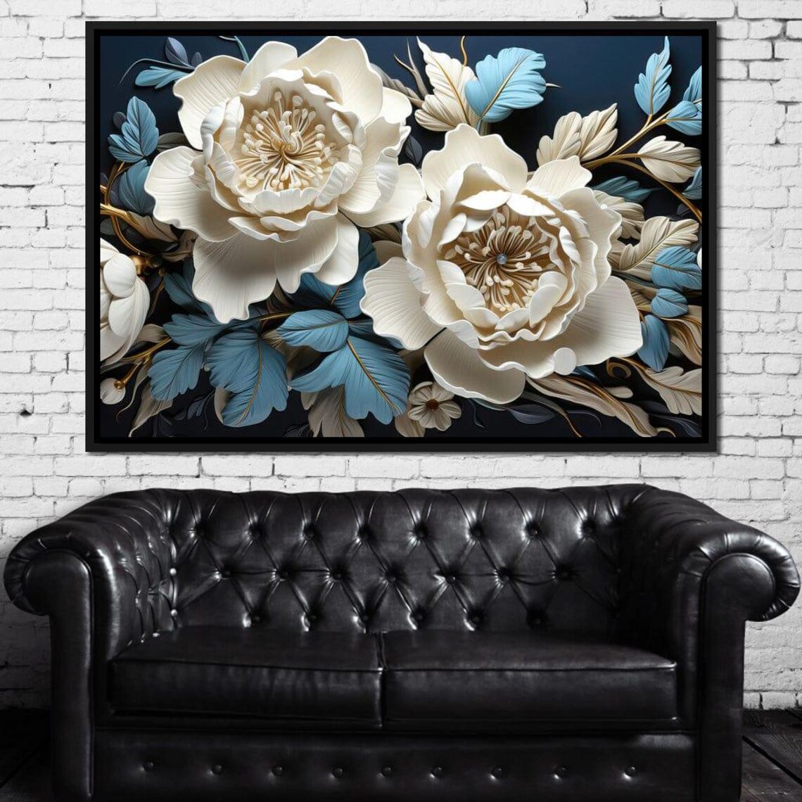 White 3D Peony Paper Flowers Blue Gold Leaves Dark Floral Wall Art - Image 2