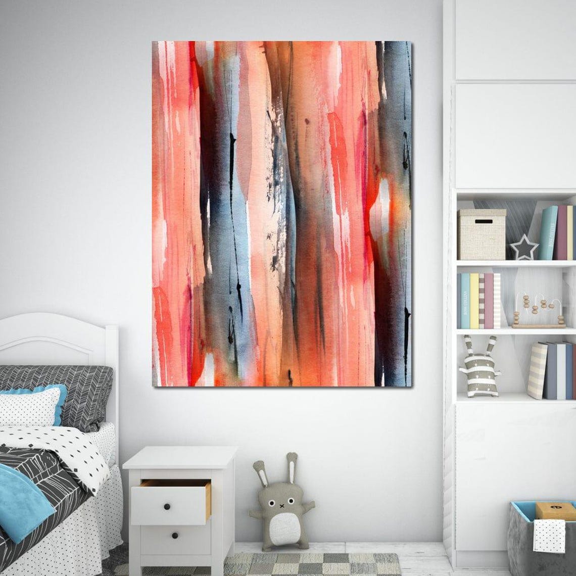 Coral Red Slate Blue Vertical Watercolor Stripe Abstract Print - Image 4
