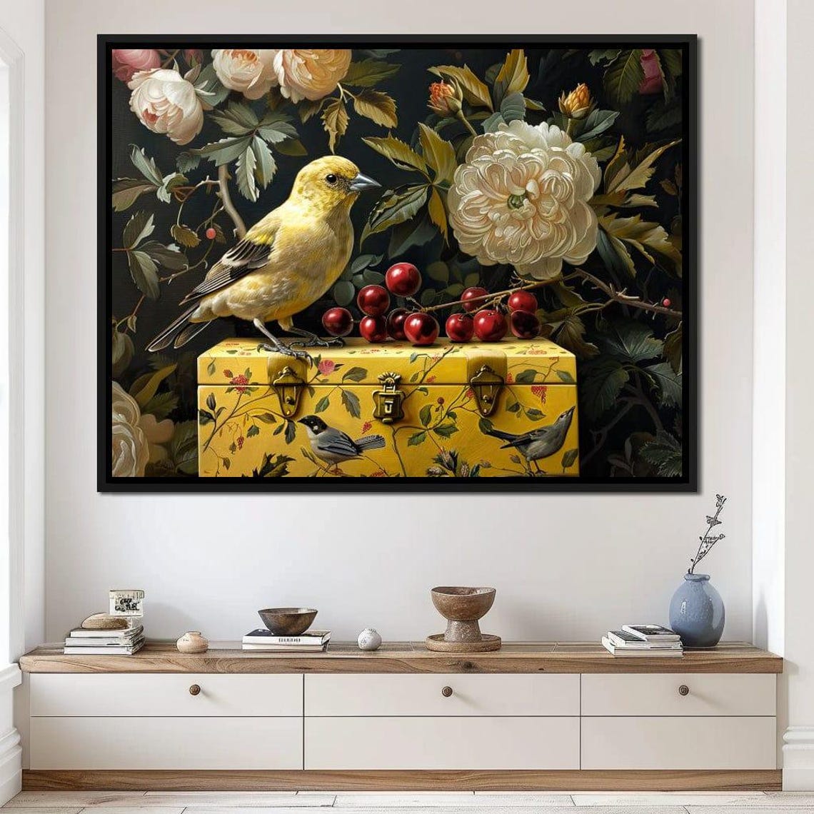 Golden Finch Peony Cherry Vintage Dark Floral Bird Wall Art Print - Image 3