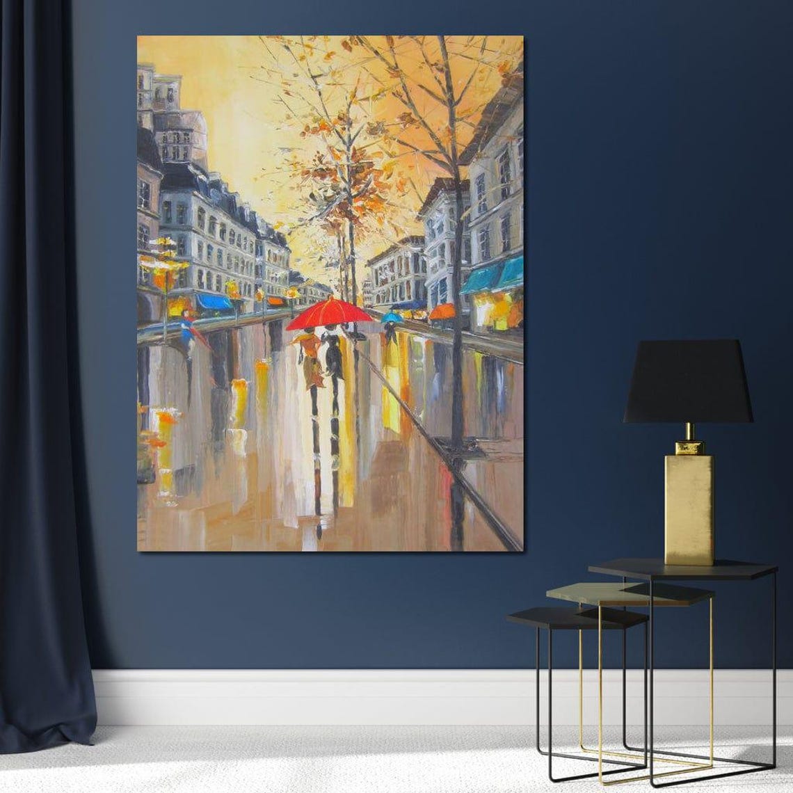 Romantic Rainy Old Town Street Red Umbrella Couple Oil Paint Poster - Image 4