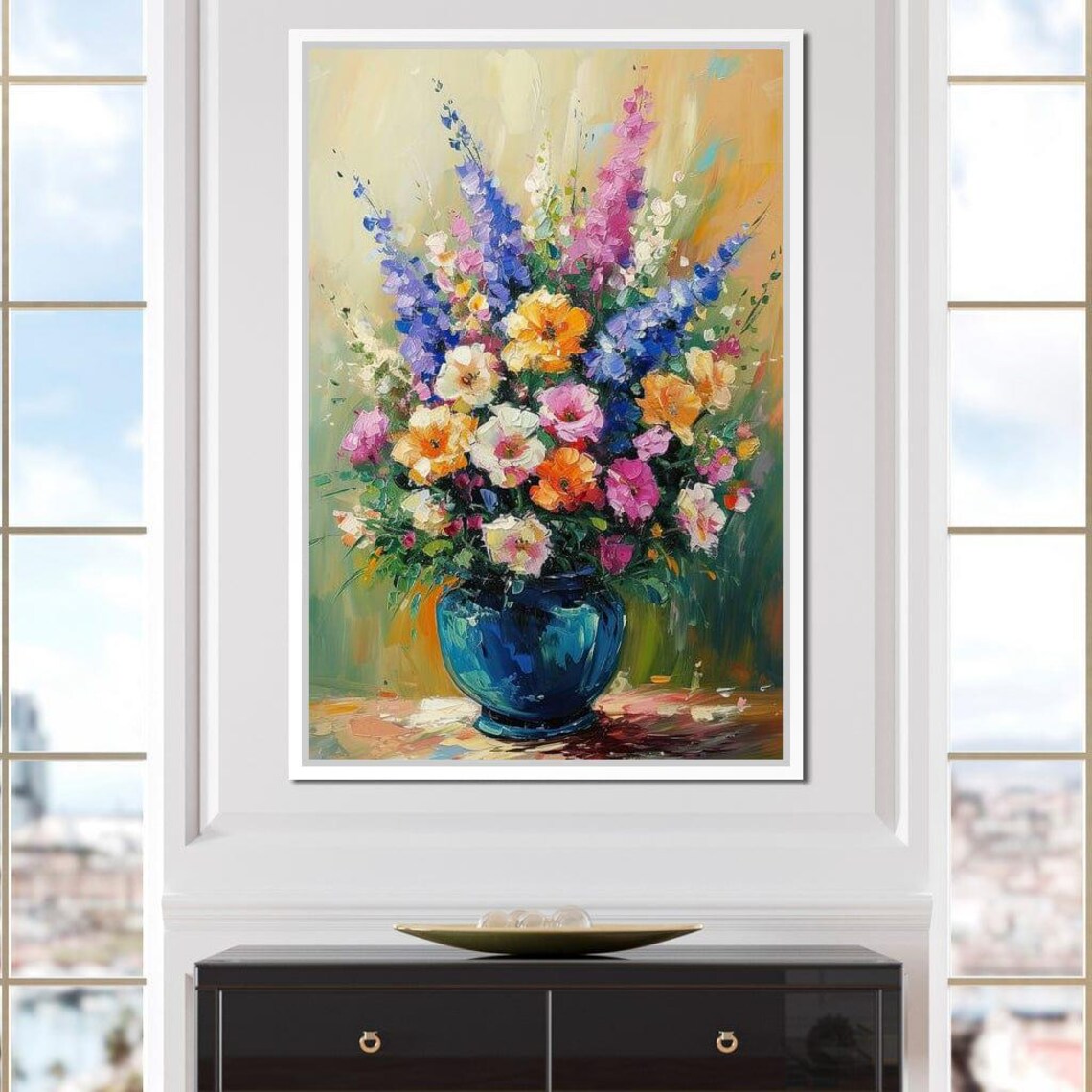 Colorful Wildflower Bouquet In Blue Vase Oil Painting Wall Art Print - Image 2