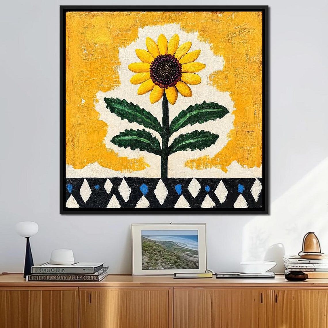 Cheerful Sunflower Folk Art Painting Yellow Bloom Naive Wall Art - Image 4