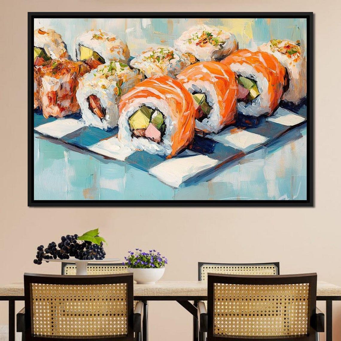 Salmon Rainbow Sushi Rolls Teal Checkered Modern Kitchen Decor Poster - Image 4