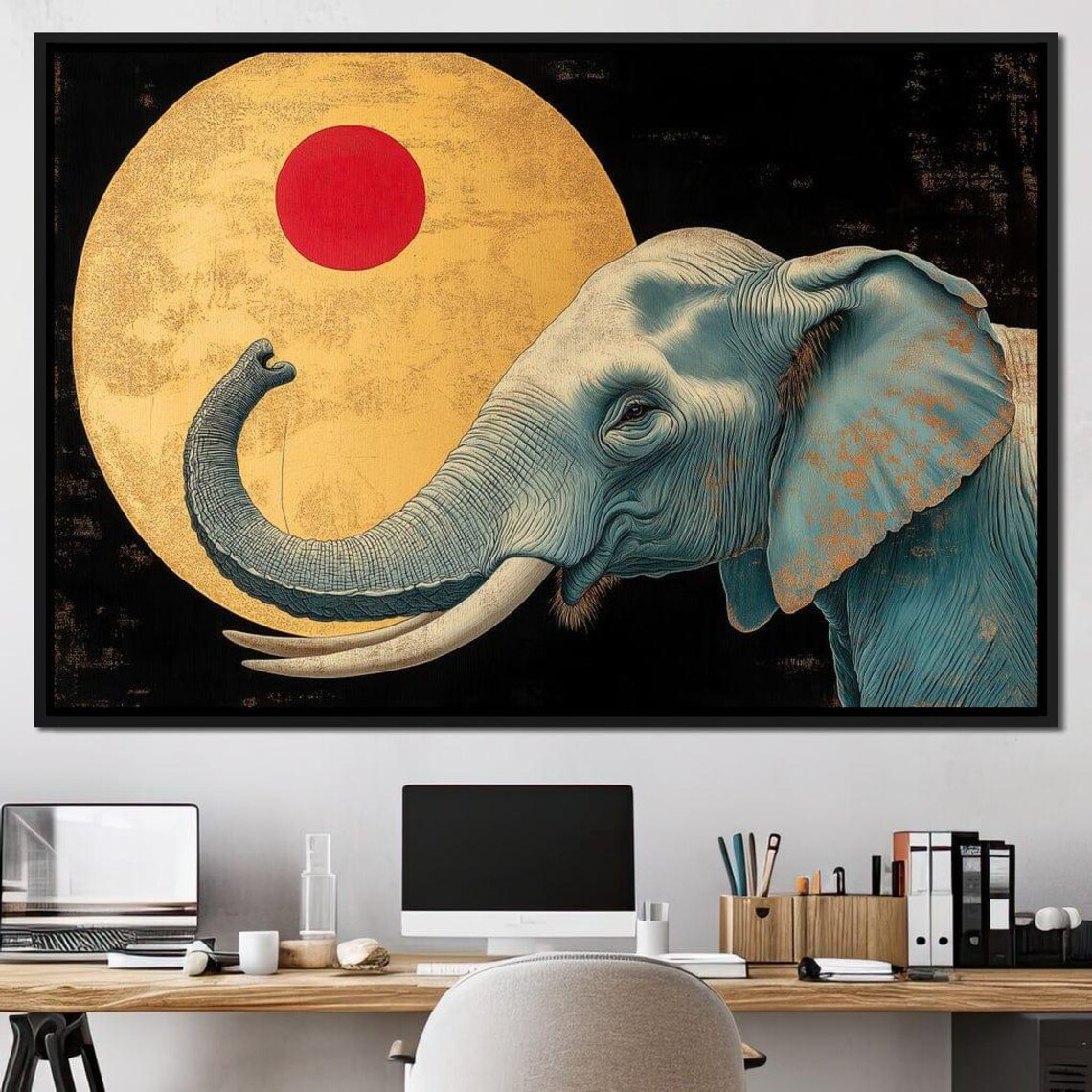 Blue Elephant Gold Moon Red Sun Japanese Style Wildlife Poster