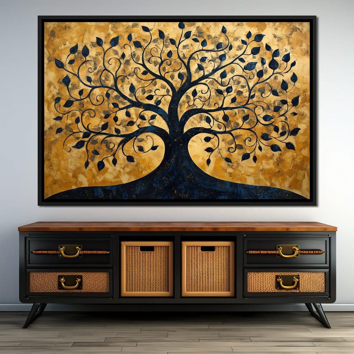 Golden Tree Of Life Navy Branches Gold Leaf Botanical Wall Art Print