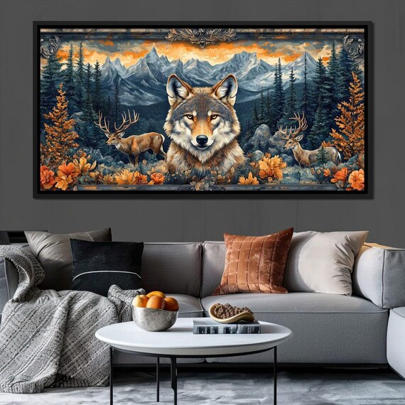 Wolf Face Mountain Sunset Stags Pine Forest Wildlife Landscape Poster