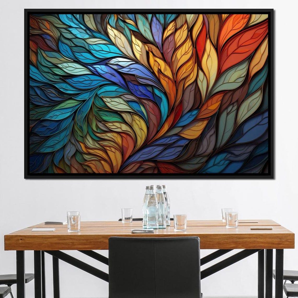 Stained Glass Leaf Mosaic Teal Amber Five Panel Wall Art Poster - Image 3