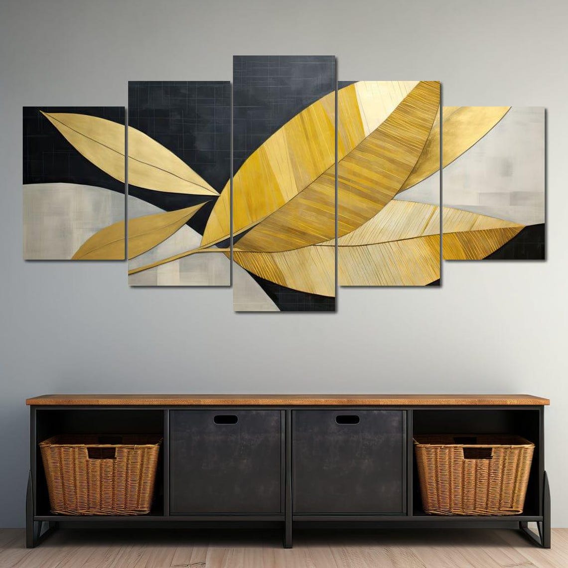 Golden Leaves Branch Black Background Modern Botanical Art Deco Poster - Image 4