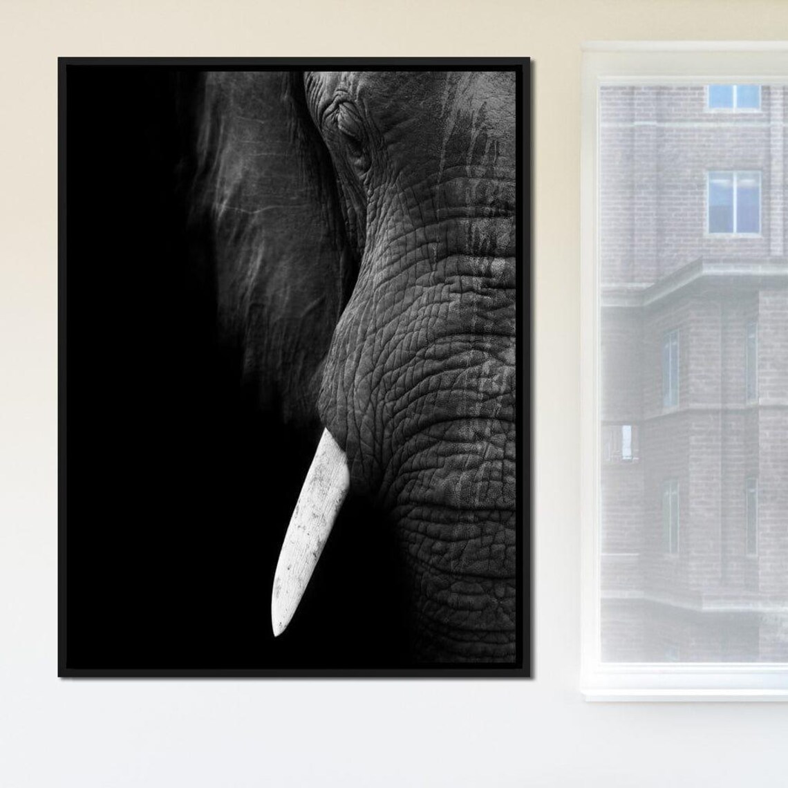 Black and White Elephant Face Close Up Bold Monochrome Wildlife Poster