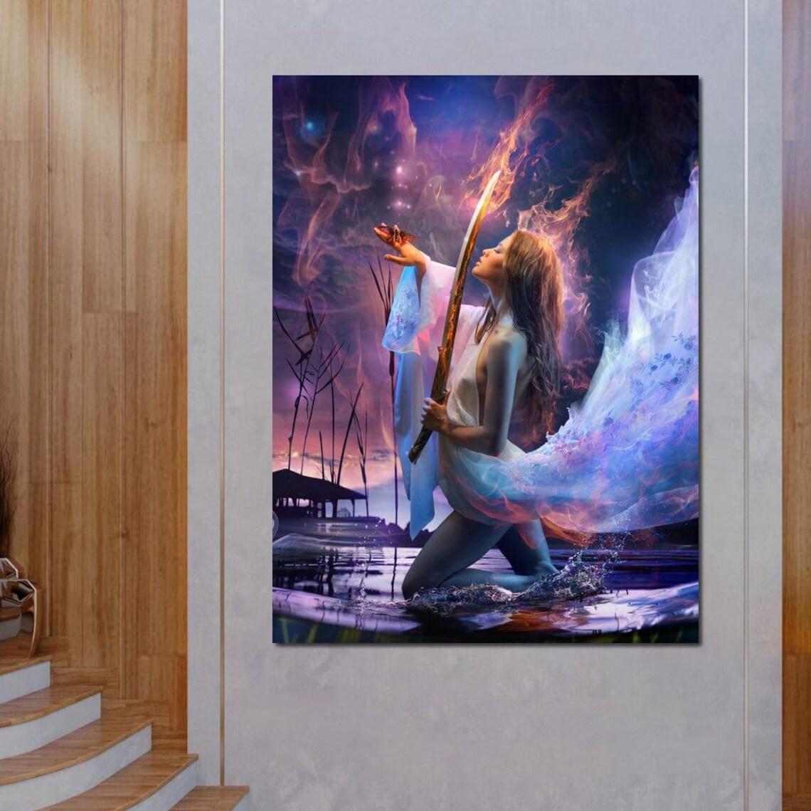 Mystical Woman With Flaming Sword Purple Mist Fantasy Art Poster - Image 4