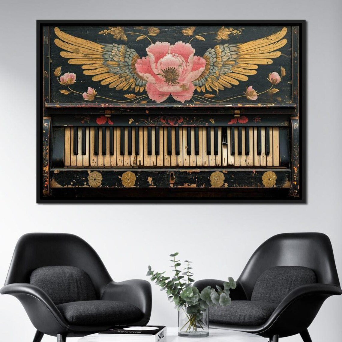 Antique Painted Piano Golden Wings Pink Peony Vintage Music Art Print - Image 3