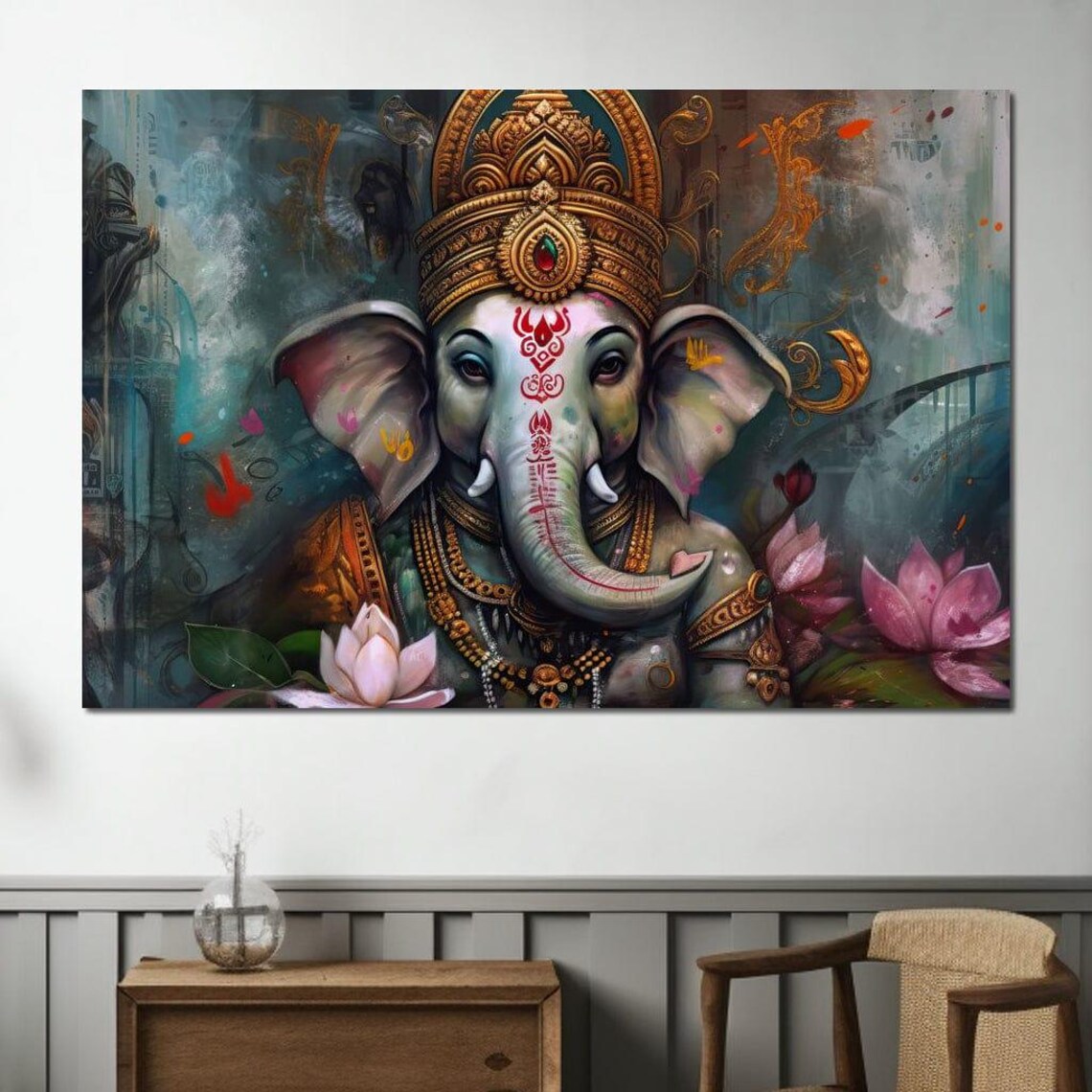 Lord Ganesha Golden Crown Pink Lotus Teal Abstract Spiritual Poster - Image 3
