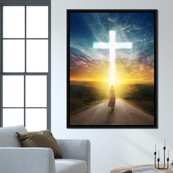 Faith Road Glowing Cross Sunset Journey Hopeful Spiritual Christian Poster