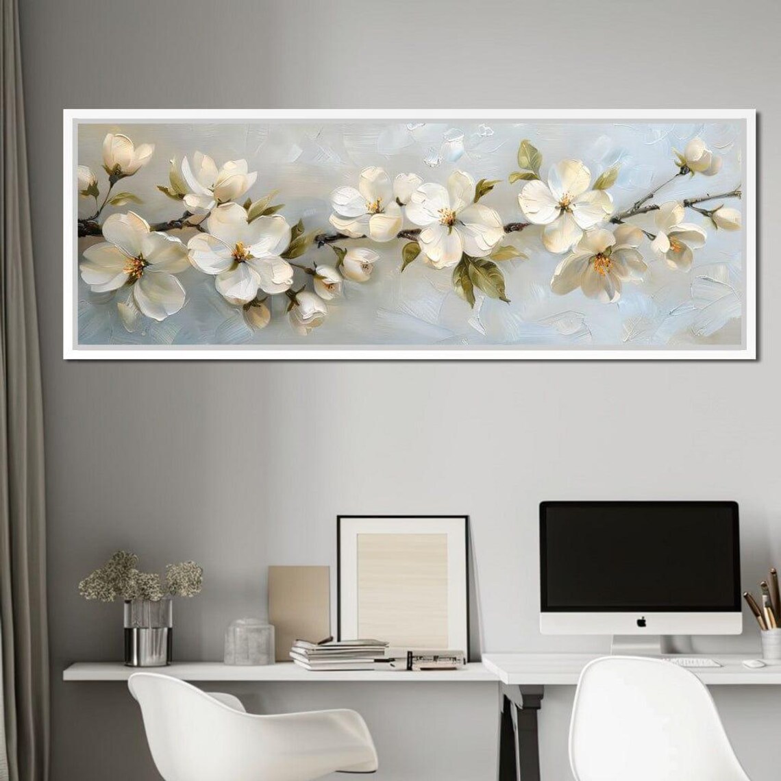 White Cherry Blossom Branch Panoramic Oil Painting Flower Wall Art - Image 4