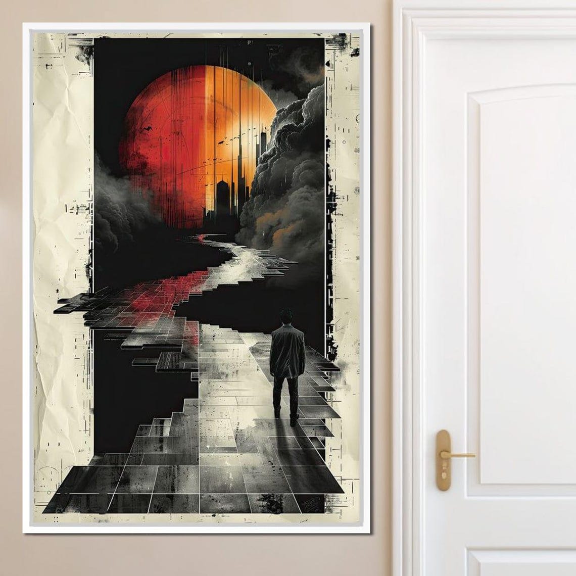 Lone Walker Giant Crimson Sun Surreal Dark Landscape Path Wall Art - Image 4