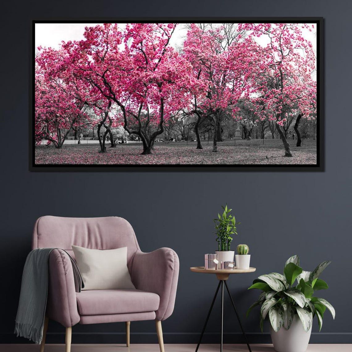 Pink Blossom Trees Spring Park Selective Color Vibrant Nature Wall Art - Image 2
