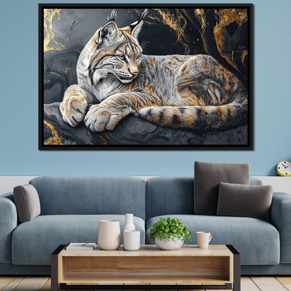 Resting Lynx Gold Marble Wildcat Detailed Elegant Wildlife Art Poster - Image 2
