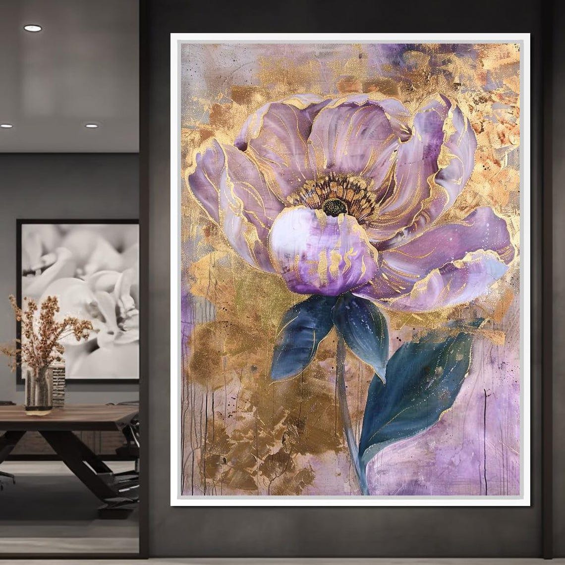 Modern Violet Flower With Gold Accents Abstract Floral Wall Art Print