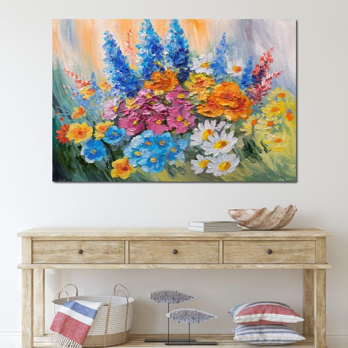Abstract Bouquet Of Spring Flowers Vibrant Floral Wall Art Colorful Oil Painting Print Living Room Decor By Nichecanvas - Image 4