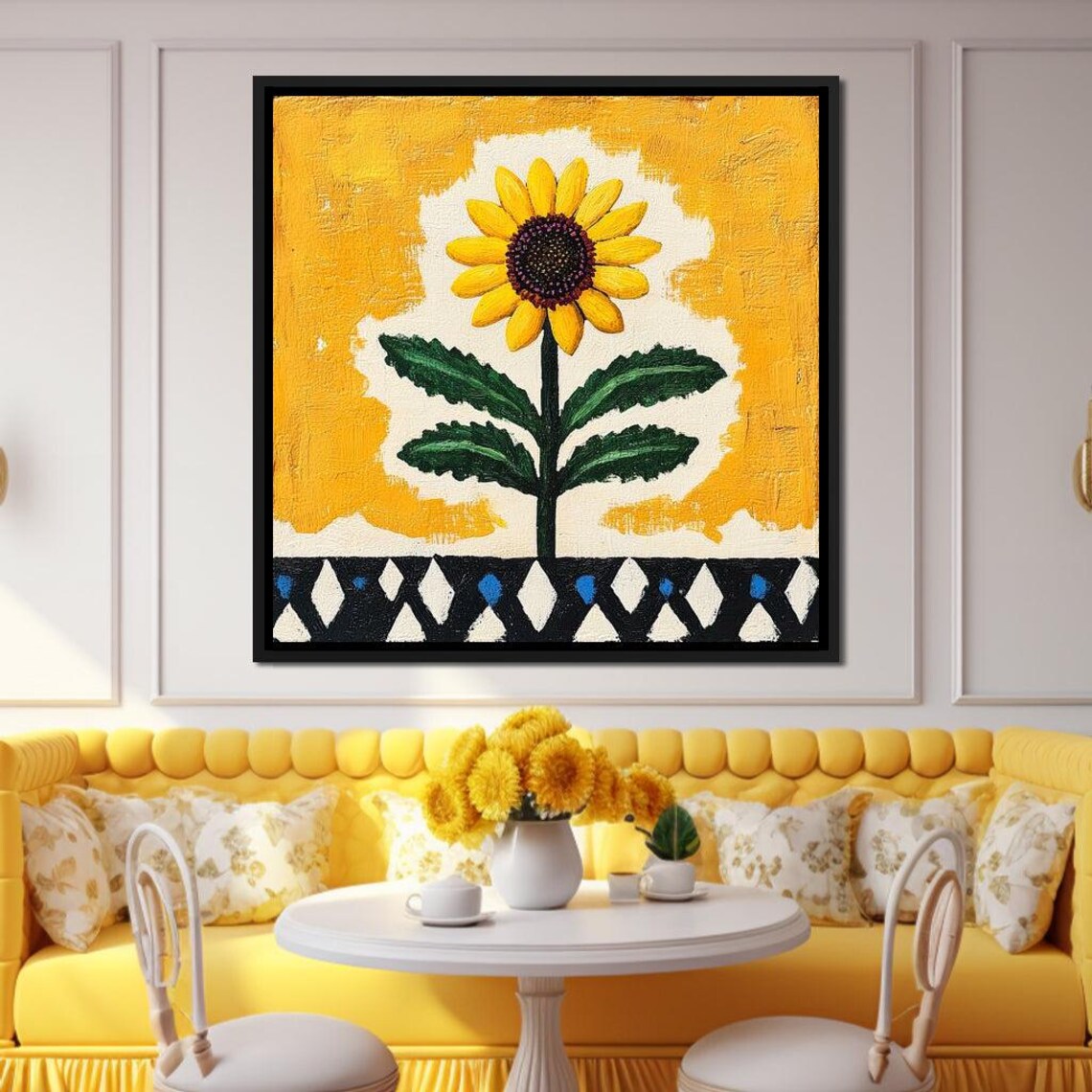 Cheerful Sunflower Folk Art Painting Yellow Bloom Naive Wall Art - Image 2