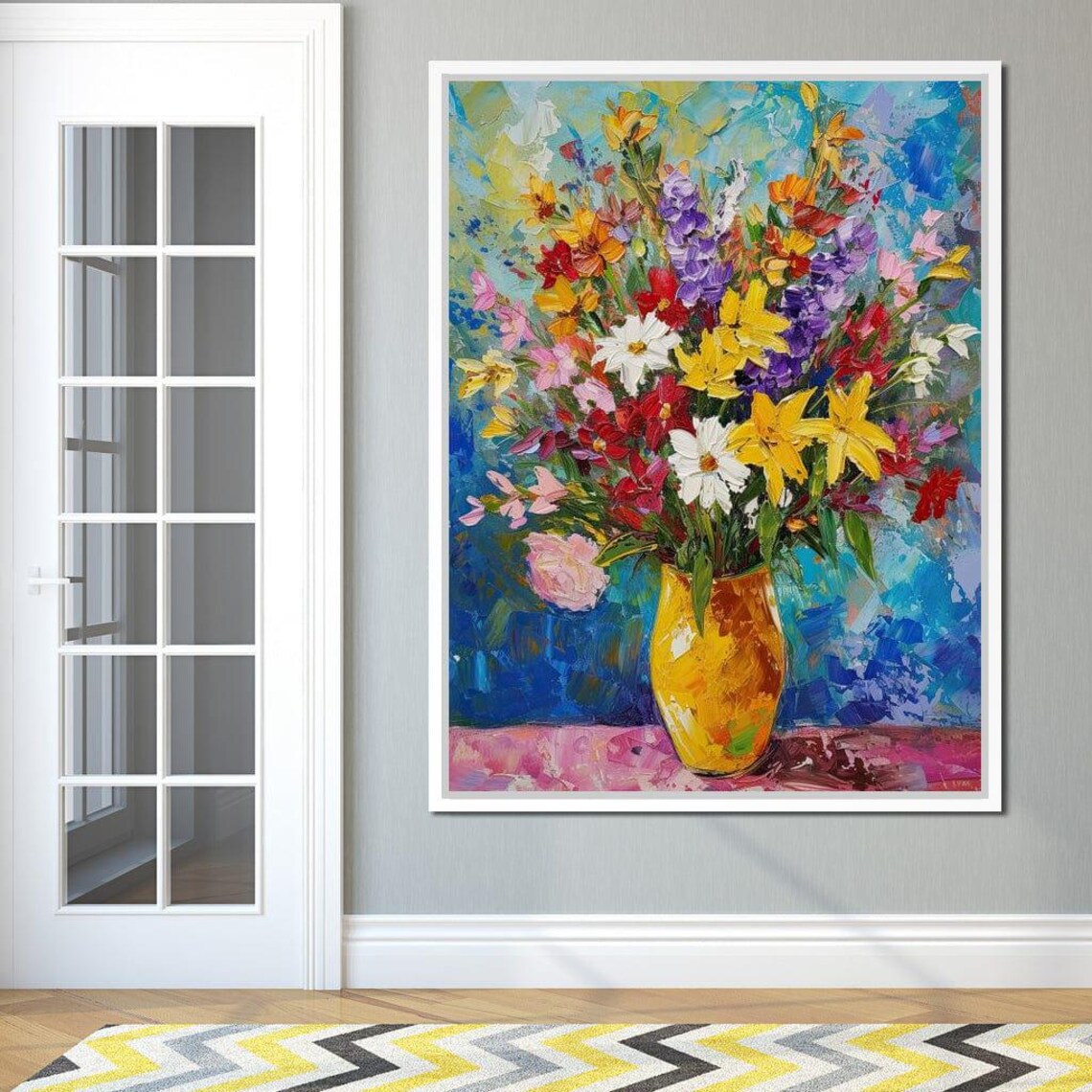 Impressionist Wildflower Bouquet Gold Vase Colorful Oil Art Poster