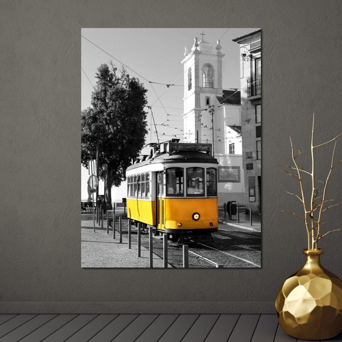 Yellow Lisbon Tram Selective Color With Church Tower Travel Art Poster - Image 2