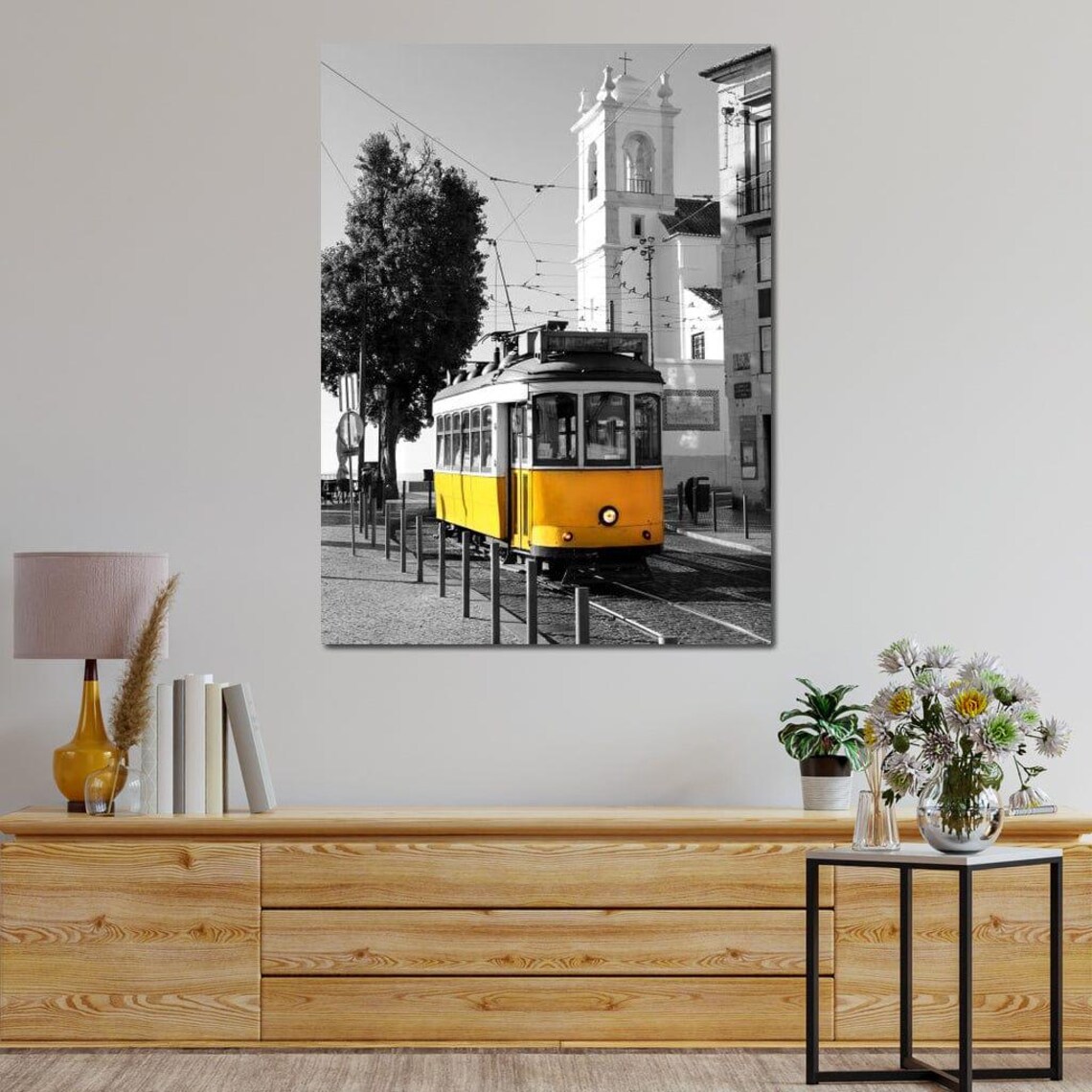 Yellow Lisbon Tram Selective Color With Church Tower Travel Art Poster - Image 3