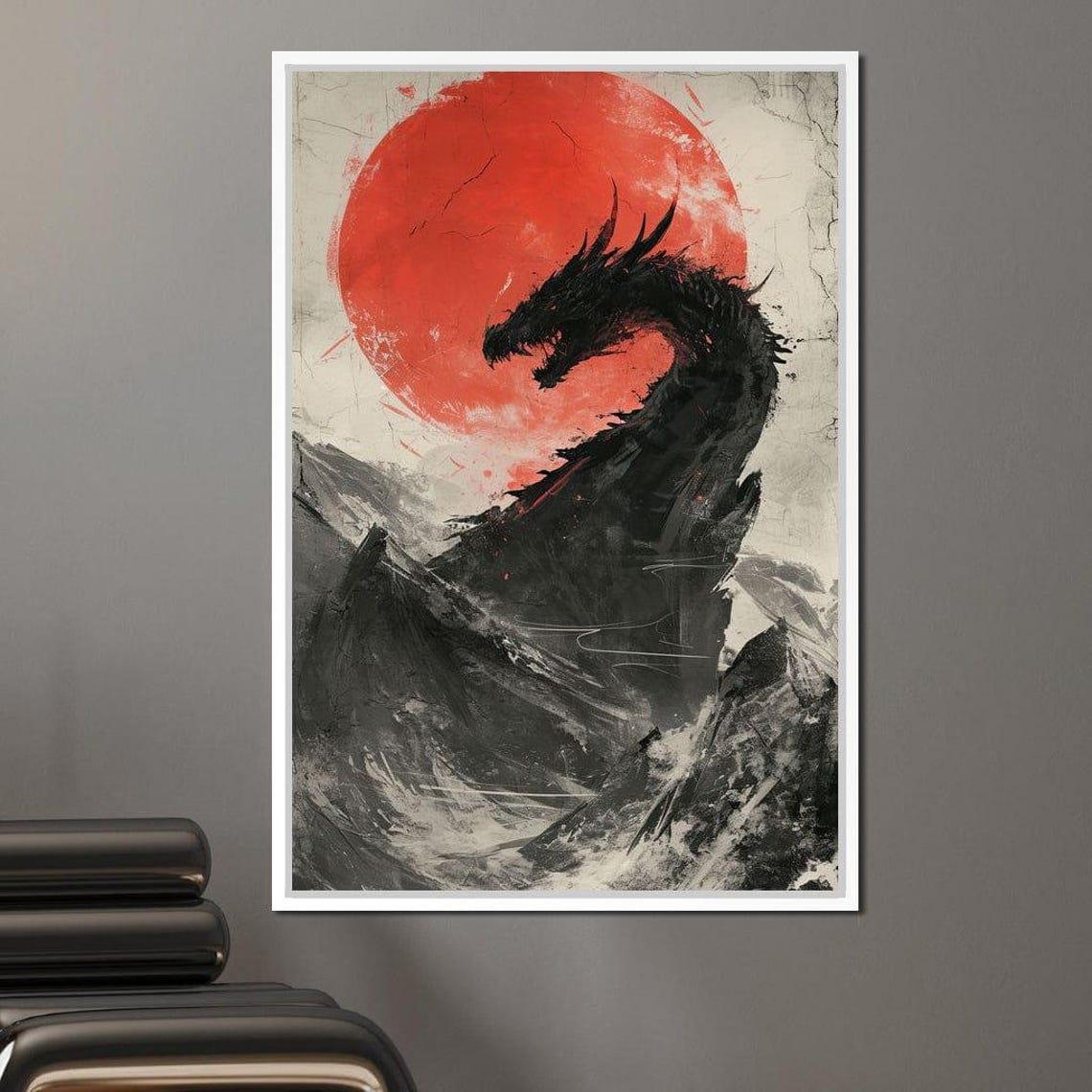 Black Dragon Red Sun Japanese Ink Fantasy Warrior Wall Poster - Image 3