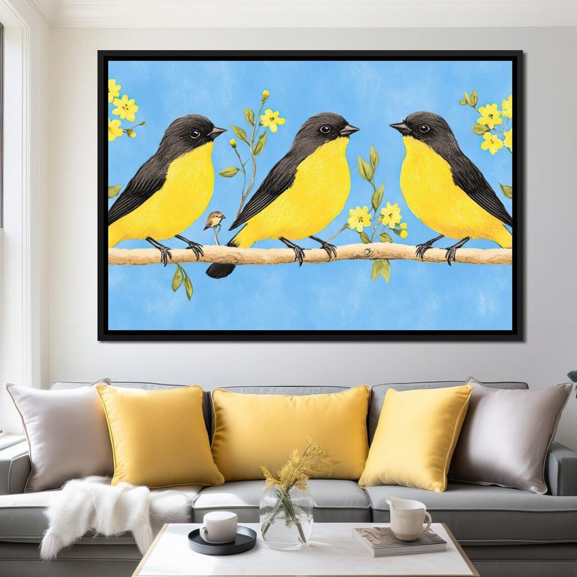 Songbird Trio Yellow and Black Birds on Blossom Branch Wall Art Poster - Image 3