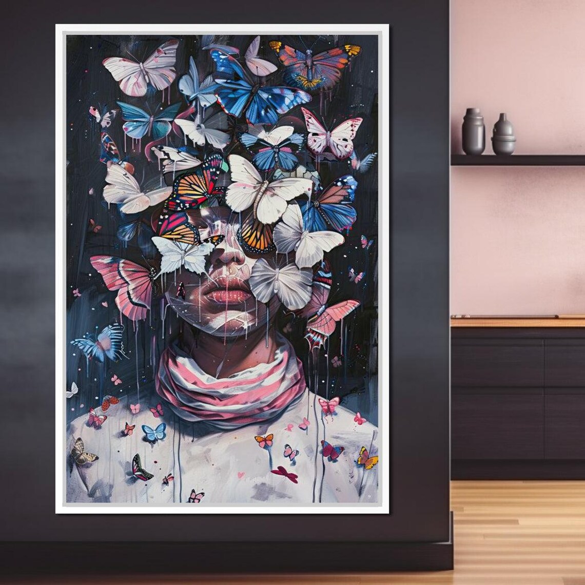 Surreal Woman Butterfly Storm Swirl Dreamy Pink Blue Portrait Poster - Image 3