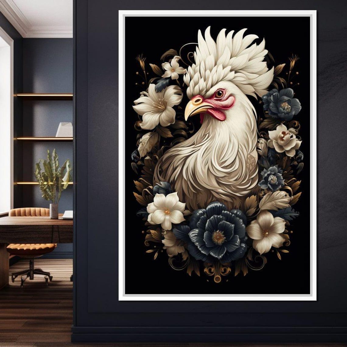White Rooster Portrait With Dark Floral Bouquet Black Gold Poster - Image 2
