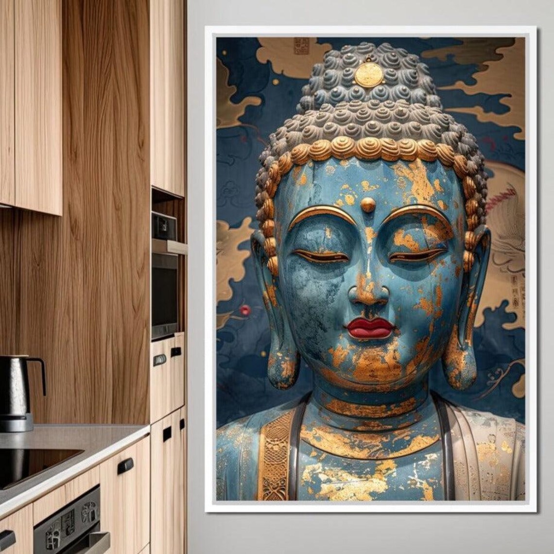 Blue Buddha Statue Gold Details Navy Background Peaceful Zen Art Poster - Image 3