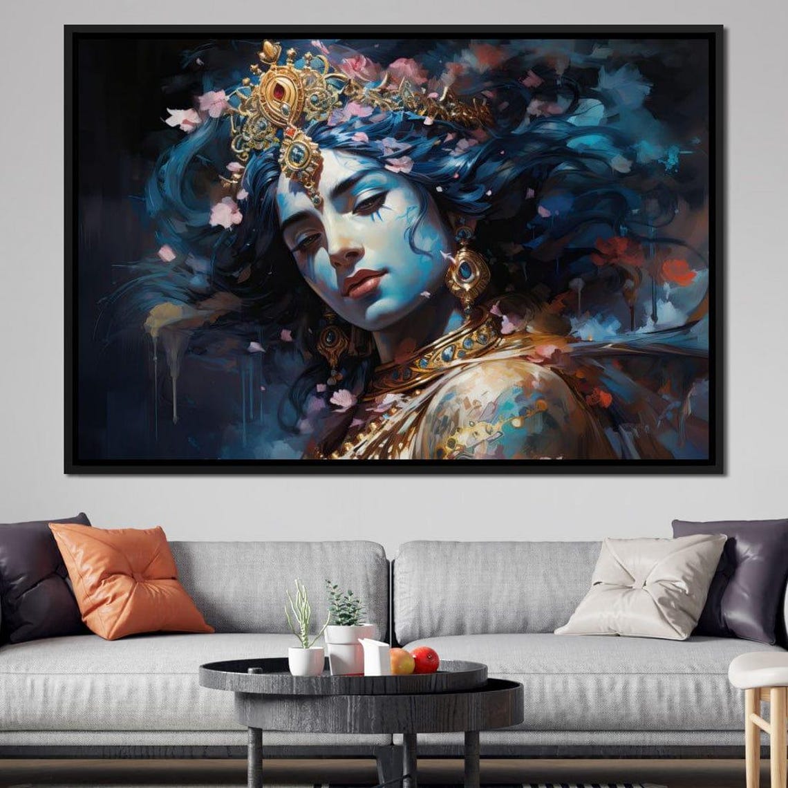 Ethereal Blue Hindu Goddess Golden Crown Floral Mystical Wall Art - Image 3