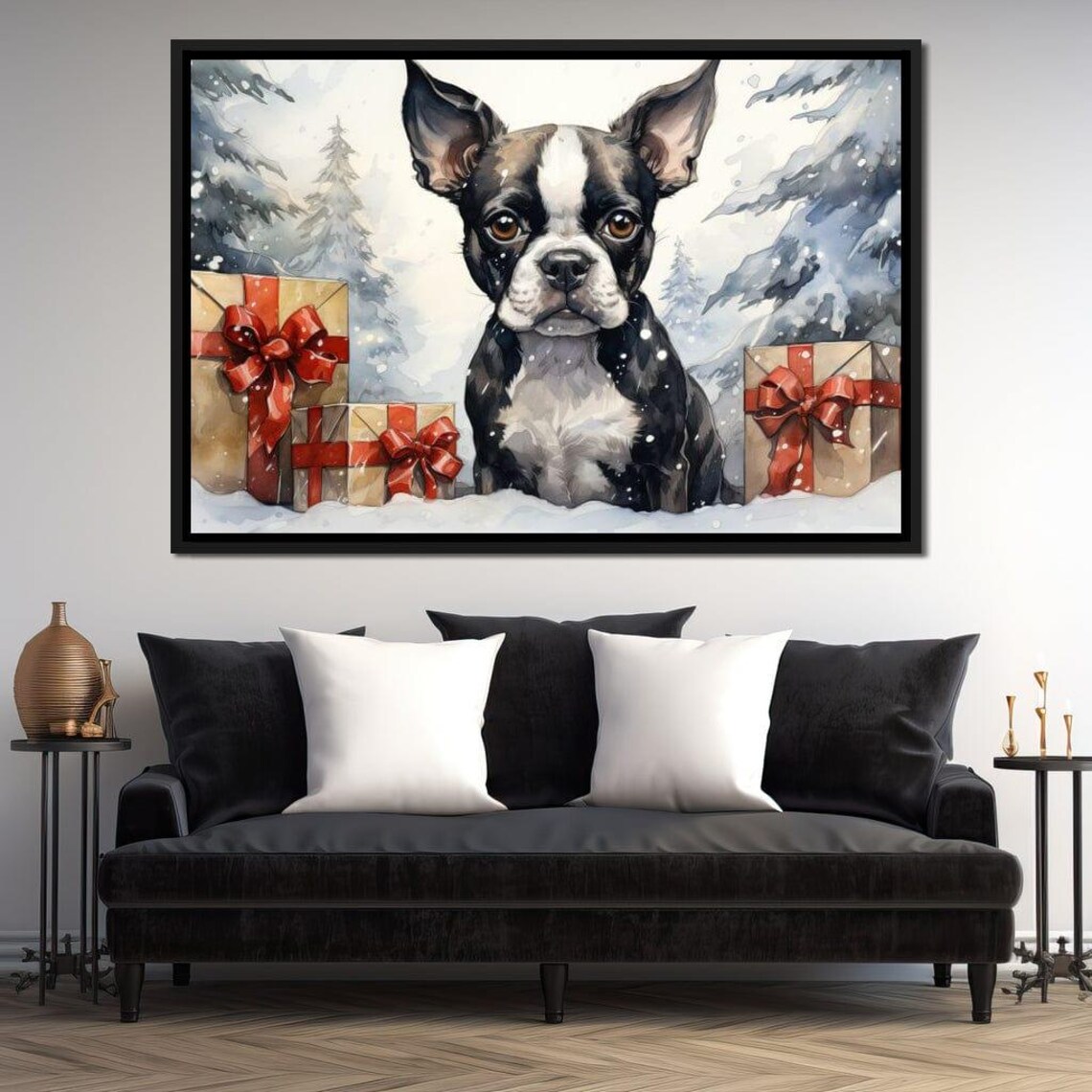 Boston Terrier Puppy Christmas Gifts Snowy Holiday Dog Wall Poster - Image 2