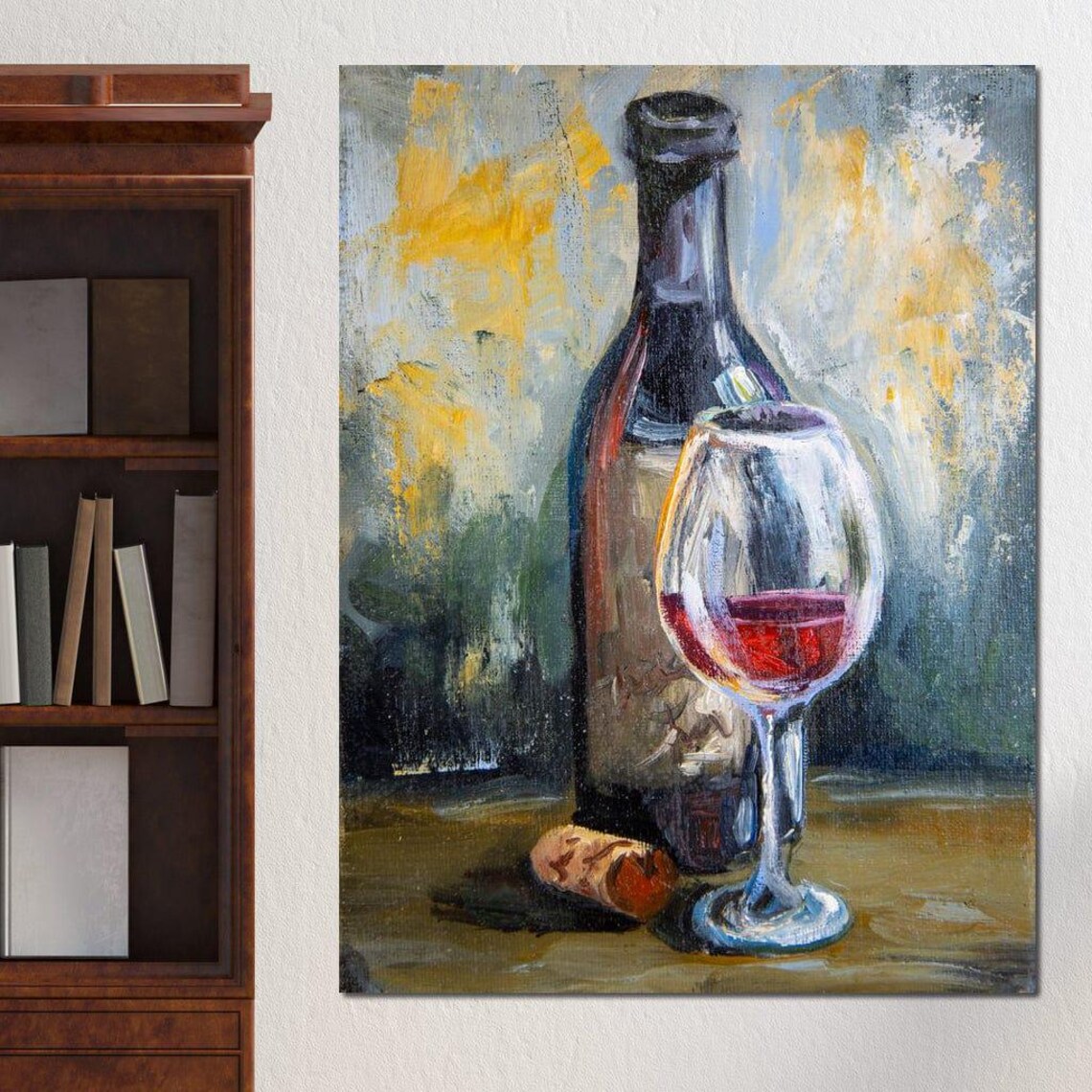Red Wine Bottle Glass Still Life Oil Painting Vintage Home Bar Kitchen Wall Poster - Image 4