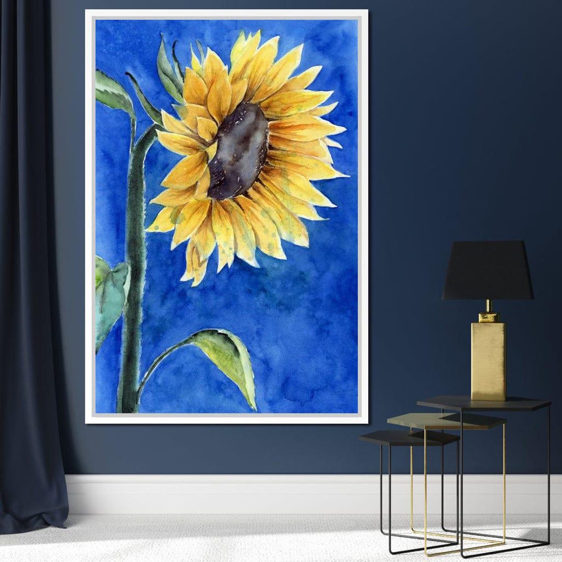 Sunflower Watercolor Cobalt Blue Background Botanical Art Poster - Image 2