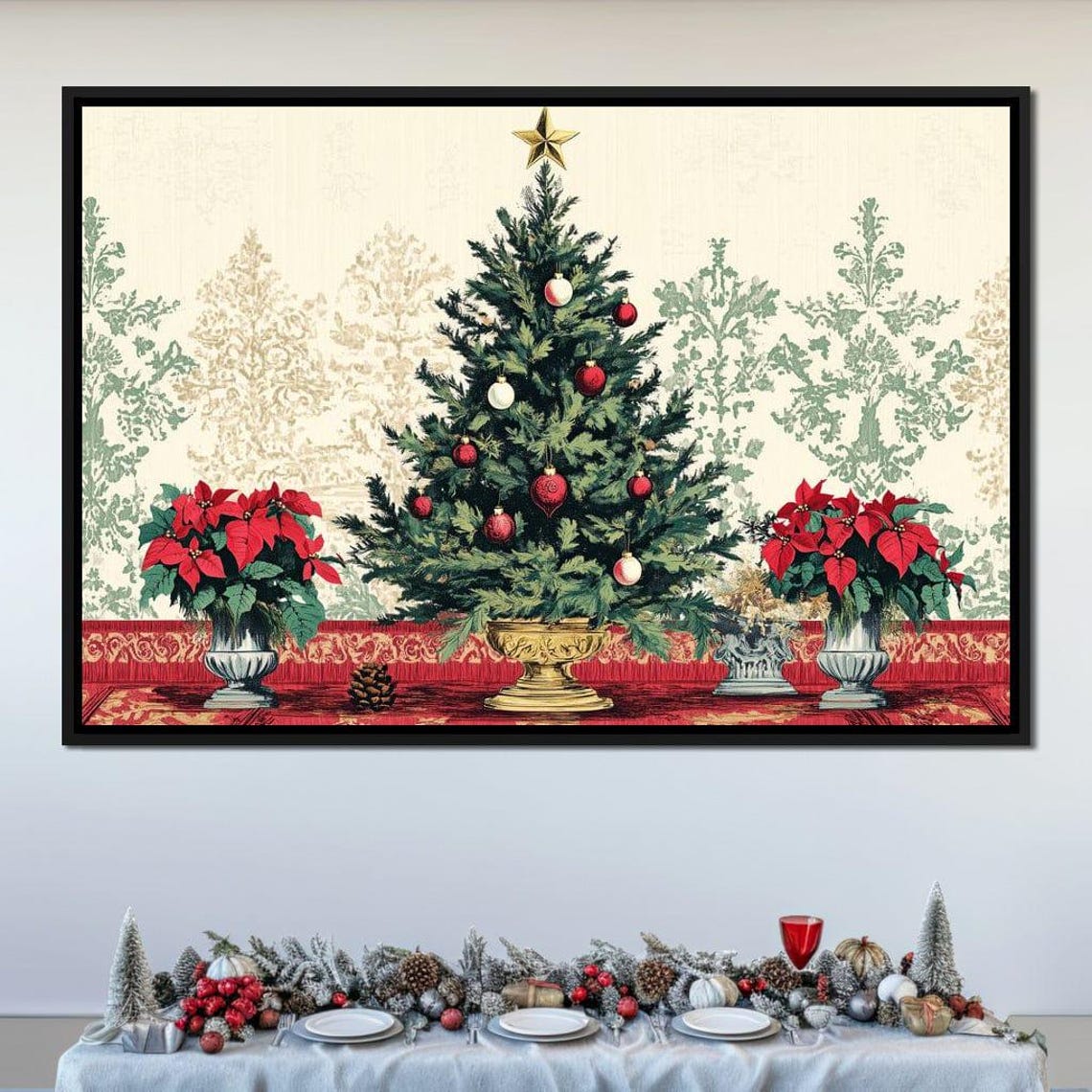 Christmas Tree With Red Ornaments And Poinsettias Mantel Poster