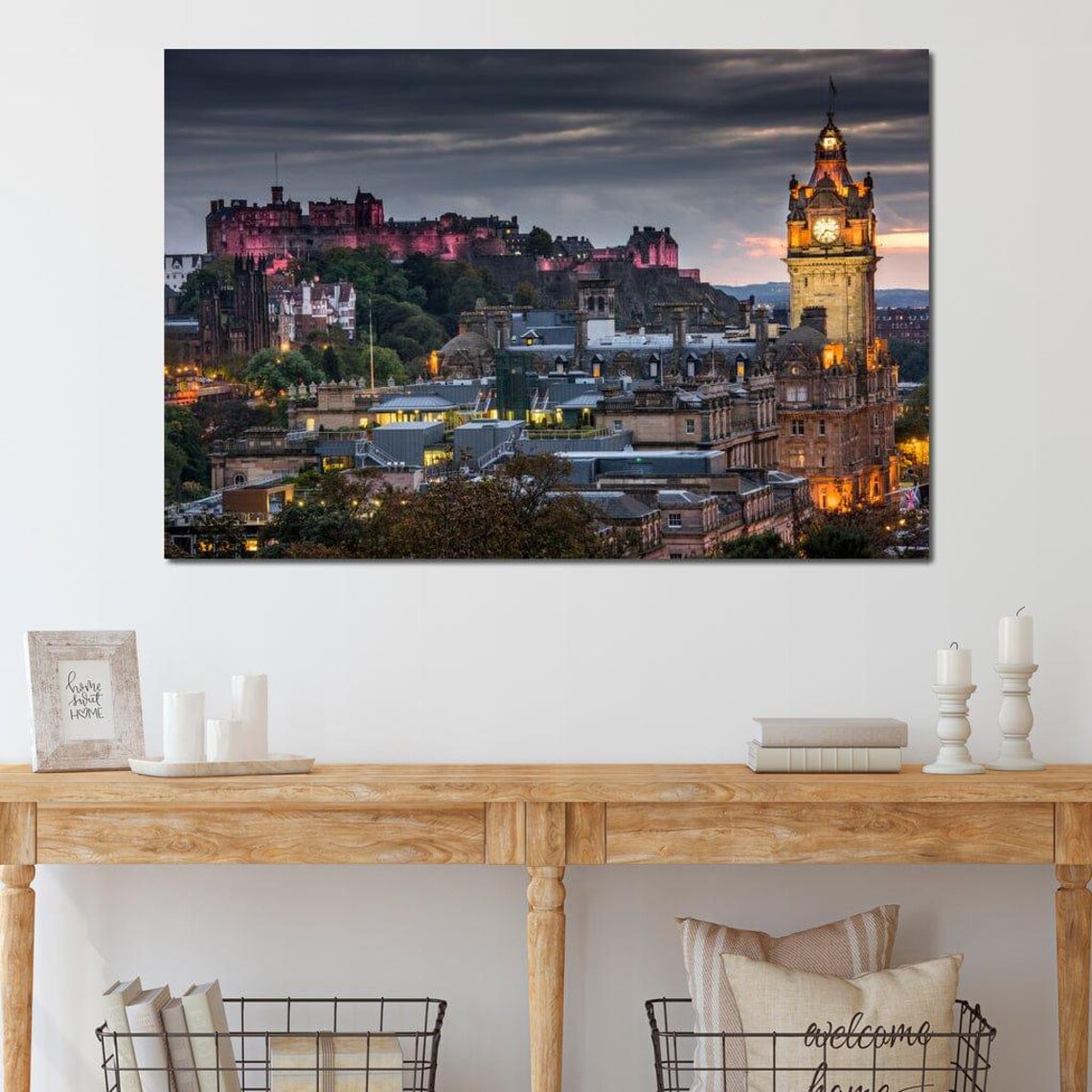 Edinburgh Castle Dusk Old Town Clock Tower Night Lights Poster - Image 3