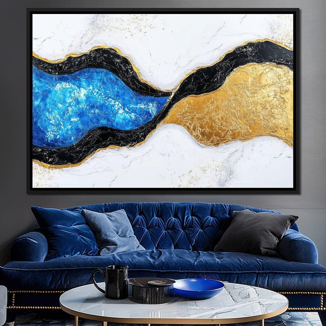Cobalt Blue Gold Black Flowing Waves Luxury Abstract Marble Art