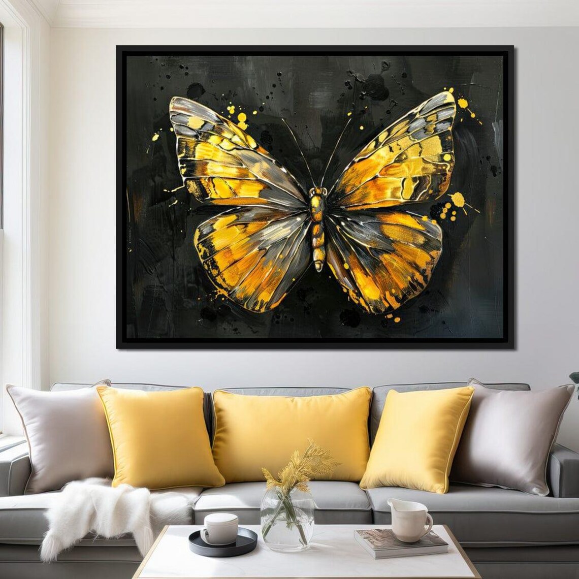 Luminous Golden Butterfly Amber Black Wings Dark Elegant Wall Art - Image 3