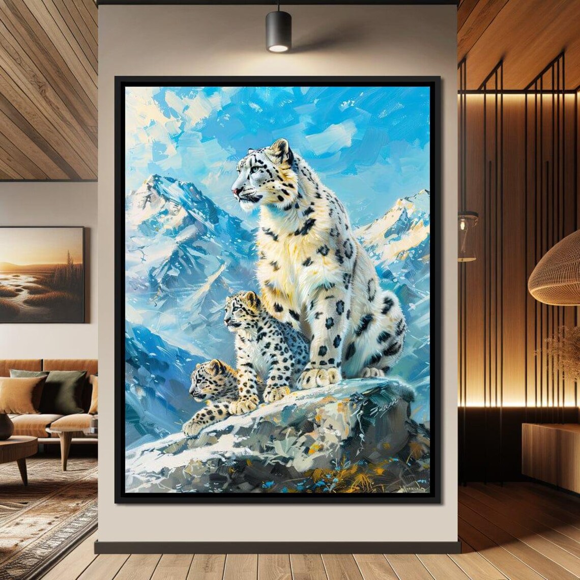 Snowbound Leopard Majesty Mother Cubs Snowy Peak Wildlife Poster - Image 3