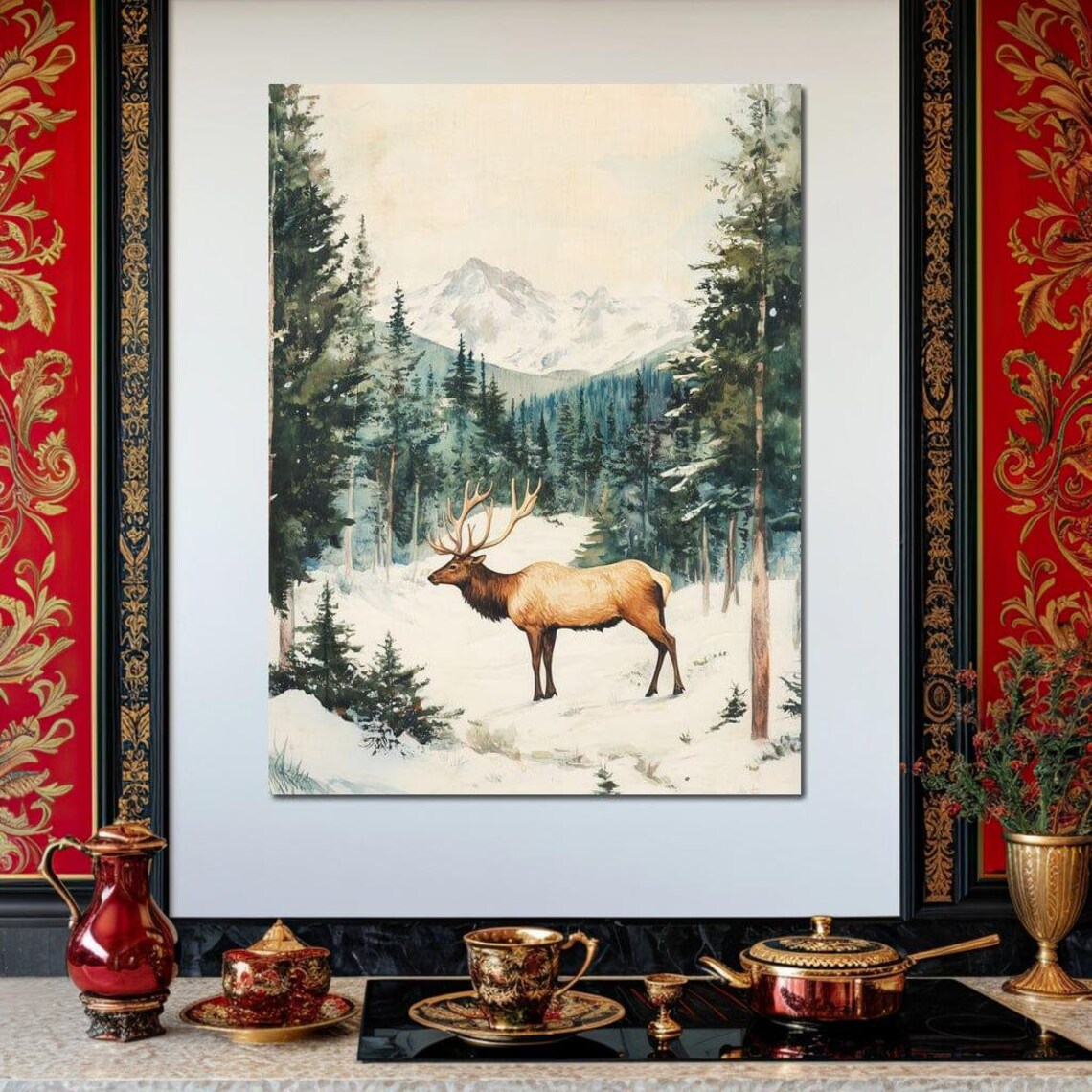 Majestic Elk Standing In Snowy Forest Mountain Winter Nature Poster - Image 2