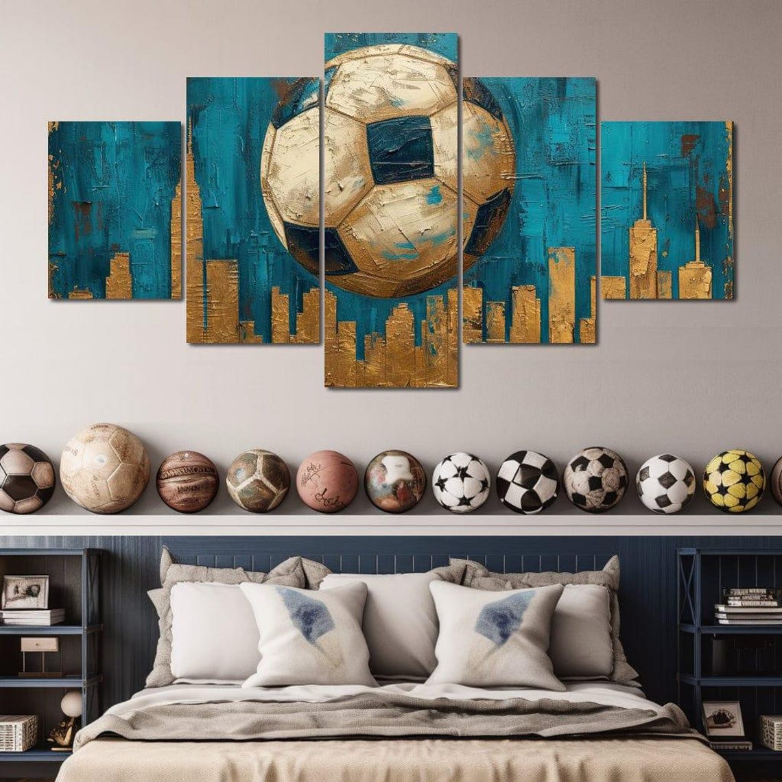 Gold Soccer Ball Teal Skyline Five Panel Canvas Sports Print - Image 4